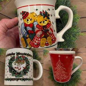 Christmas Mug Lot of 3 Teddy Bear Couple Holly Heart Red Snowflake Tree Mugs